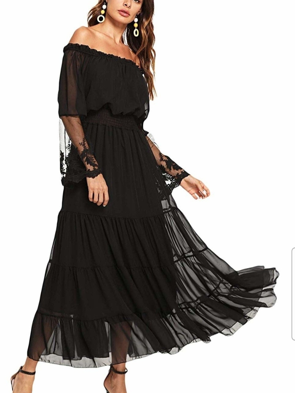 Off-Shoulder Black Maxi Dress with Lace Sleeves Size Medium